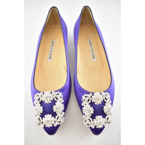 Manolo Blahnik Hangisi Viol Purple Satin Jewel Buckle Ballerina Ballet Flat 37.5 - Picture 5 of 12